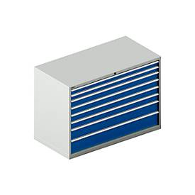 Schäfer Shop Select Schubladenschrank WSK 78–36 E, Stahl, 8 Schübe, 75 kg Traglast, B 1431 mm x T 725 mm x H 1000 mm, lichtgrau/enzianblau