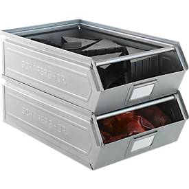 Schäfer Shop Select Sichtlagerkasten, mit Tragestab, 18,5 l, 80 kg, L 501 x B 308 x H 146 mm, Stahl, galvanisch verzinkt