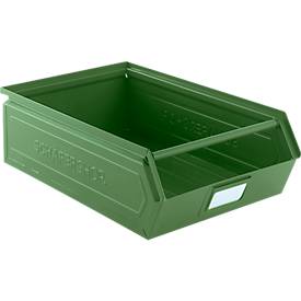 Schäfer Shop Select Sichtlagerkasten, mit Tragestab, 18,5 l, 80 kg, L 501 x B 308 x H 146 mm, Stahl, RAL 6011 (resadagrün)