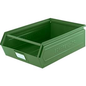 Schäfer Shop Select Sichtlagerkasten, mit Tragestab, 18,5 l, 80 kg, L 501 x B 308 x H 146 mm, Stahl, RAL 6011 (resadagrün)