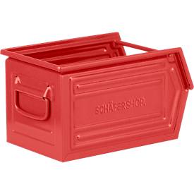 Schäfer Shop Select Sichtlagerkasten, mit Tragestab, L 377 x B 211 x H 201 mm, 11,5 l, 60 kg, Stahl, RAL 3000 (feuerrot)