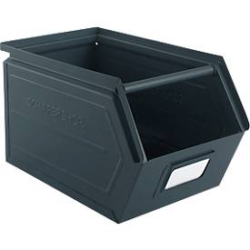 Schäfer Shop Select Sichtlagerkasten, mit Tragestab, L 377 x B 211 x H 201 mm, 11,5 l, 60 kg, Stahl, RAL 5008 (graublau)