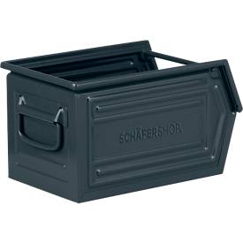 Schäfer Shop Select Sichtlagerkasten, mit Tragestab, L 377 x B 211 x H 201 mm, 11,5 l, 60 kg, Stahl, RAL 5008 (graublau)