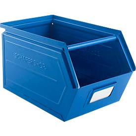 Schäfer Shop Select Sichtlagerkasten, mit Tragestab, L 377 x B 211 x H 201 mm, 11,5 l, 60 kg, Stahl, RAL 5015 (himmelblau)