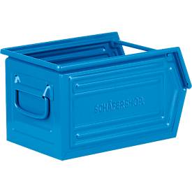 Schäfer Shop Select Sichtlagerkasten, mit Tragestab, L 377 x B 211 x H 201 mm, 11,5 l, 60 kg, Stahl, RAL 5015 (himmelblau)