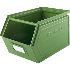 Schäfer Shop Select Sichtlagerkasten, mit Tragestab, L 377 x B 211 x H 201 mm, 11,5 l, 60 kg, Stahl, RAL 6011 (resadagrün)
