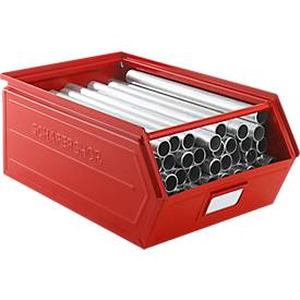 Schäfer Shop Select Sichtlagerkasten, mit Tragestab, L 524 x B 307 x H 201 mm, 26 l, 120 kg, Stahl, RAL 3000 (feuerrot)