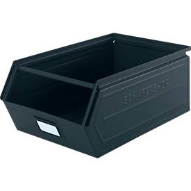 Schäfer Shop Select Sichtlagerkasten, mit Tragestab, L 524 x B 307 x H 201 mm, 26 l, 120 kg, Stahl, RAL 5008 (graublau)