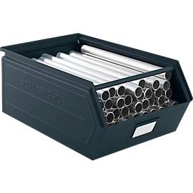 Schäfer Shop Select Sichtlagerkasten, mit Tragestab, L 524 x B 307 x H 201 mm, 26 l, 120 kg, Stahl, RAL 5008 (graublau)