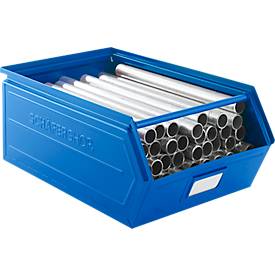Schäfer Shop Select Sichtlagerkasten, mit Tragestab, L 524 x B 307 x H 201 mm, 26 l, 120 kg, Stahl, RAL 5015 (himmelblau)