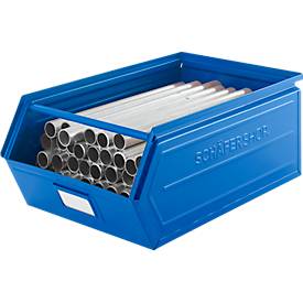 Schäfer Shop Select Sichtlagerkasten, mit Tragestab, L 524 x B 307 x H 201 mm, 26 l, 120 kg, Stahl, RAL 5015 (himmelblau)