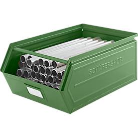 Schäfer Shop Select Sichtlagerkasten, mit Tragestab, L 524 x B 307 x H 201 mm, 26 l, 120 kg, Stahl, RAL 6011 (resadagrün)