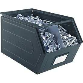 Schäfer Shop Select Sichtlagerkasten, mit Tragestab, L 550 x B 307 x H 298 mm, 40 l, 150 kg, Stahl, RAL 5008 (graublau)