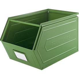 Schäfer Shop Select Sichtlagerkasten, mit Tragestab, L 550 x B 307 x H 298 mm, 40 l, 150 kg, Stahl, RAL 6011 (resadagrün)