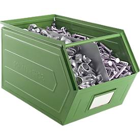 Schäfer Shop Select Sichtlagerkasten, mit Tragestab, L 550 x B 307 x H 298 mm, 40 l, 150 kg, Stahl, RAL 6011 (resadagrün)