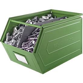 Schäfer Shop Select Sichtlagerkasten, mit Tragestab, L 550 x B 307 x H 298 mm, 40 l, 150 kg, Stahl, RAL 6011 (resadagrün)