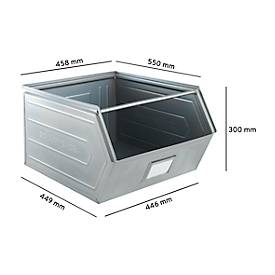 Schäfer Shop Select Sichtlagerkasten, mit Tragestab, L 550 x B 458 x H 300 mm, 60 l, 130 kg, Stahl, galvanisch verzinkt