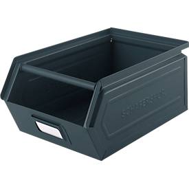 Schäfer Shop Select Sichtlagerkasten mit Tragestab, Stahl, L 357 x B 211 x H 145 mm, 8,5 l, 60 kg, RAL 5008 (graublau)