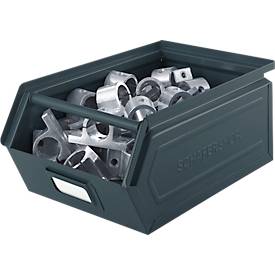 Schäfer Shop Select Sichtlagerkasten mit Tragestab, Stahl, L 357 x B 211 x H 145 mm, 8,5 l, 60 kg, RAL 5008 (graublau)