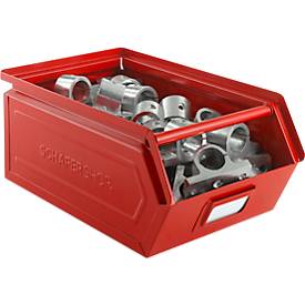 Schäfer Shop Select Sichtlagerkasten mit Tragestab, Stahl, L 358 x B 211 x H 145 mm, 8,5 l, 60 kg, RAL 3000 (feuerrot)