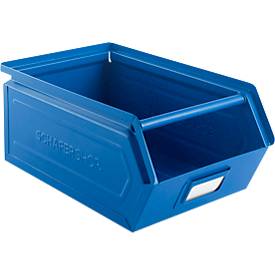 Schäfer Shop Select Sichtlagerkasten mit Tragestab, Stahl, L 359 x B 211 x H 145 mm, 8,5 l, 60 kg, RAL 5015 (himmelblau)