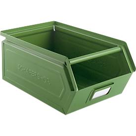 Schäfer Shop Select Sichtlagerkasten mit Tragestab, Stahl, L 360 x B 211 x H 145 mm, 8,5 l, 60 kg, RAL 6011 (resadagrün)