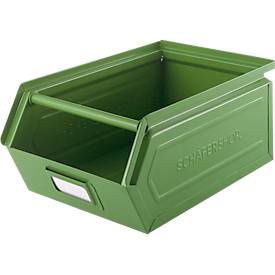 Schäfer Shop Select Sichtlagerkasten mit Tragestab, Stahl, L 360 x B 211 x H 145 mm, 8,5 l, 60 kg, RAL 6011 (resadagrün)