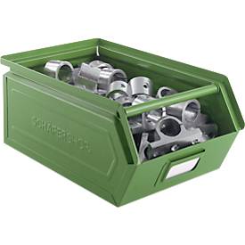 Schäfer Shop Select Sichtlagerkasten mit Tragestab, Stahl, L 360 x B 211 x H 145 mm, 8,5 l, 60 kg, RAL 6011 (resadagrün)