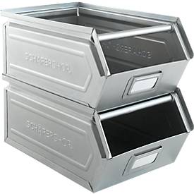 Schäfer Shop Select Sichtlagerkasten mit Tragestab, Stahl, L 361 x B 211 x H 145 mm, 8,5 l, 60 kg, galvanisch verzinkt