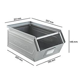 Schäfer Shop Select Sichtlagerkasten mit Tragestab, Stahl, L 361 x B 211 x H 145 mm, 8,5 l, 60 kg, galvanisch verzinkt