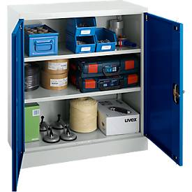 Schäfer Shop Select Stahlschrank, 2 OH, 2 höhenverstellbare Einlegeböden, Drehzylinderschloss, B 916 x T 422 x H 1000 mm, lichtgrau RAL 7035/enzianblau RAL 5010
