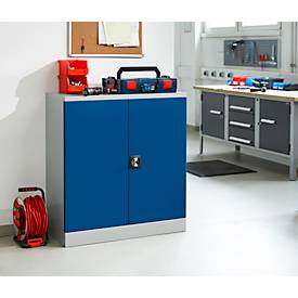 Schäfer Shop Select Stahlschrank, 2 OH, 2 höhenverstellbare Einlegeböden, Drehzylinderschloss, B 916 x T 422 x H 1000 mm, lichtgrau RAL 7035/enzianblau RAL 5010
