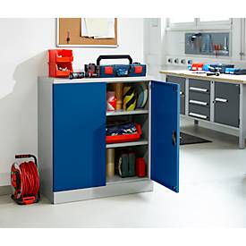 Schäfer Shop Select Stahlschrank, 2 OH, 2 höhenverstellbare Einlegeböden, Drehzylinderschloss, B 916 x T 422 x H 1000 mm, lichtgrau RAL 7035/enzianblau RAL 5010