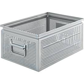 Schäfer Shop Select Stapelbox, gelocht, mit Fallgriffen, 26,5 l, 150 kg, L 449 x B 308 x H 201 mm, Stahlblech, galvanisch verzinkt