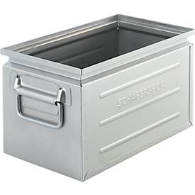 Schäfer Shop Select Stapelbox, Volumen 13,4 l, 80 kg, Faltgriffe, L 379 x B 207 x H 200 mm, Stahlblech, galvanisch verzinkt