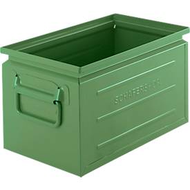 Schäfer Shop Select Stapelbox, Volumen 13,4 l, 80 kg, Faltgriffe, L 379 x B 207 x H 200 mm, Stahlblech, grün RAL 6011