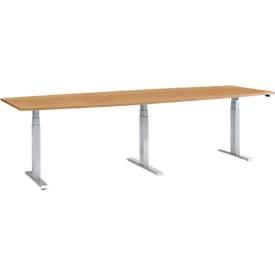 Schäfer Shop Select Tisch, elektrisch höhenverstellbar, Boot, T-Fuß, B 2800 x H 640-1300 mm, Buche/weißaluminium