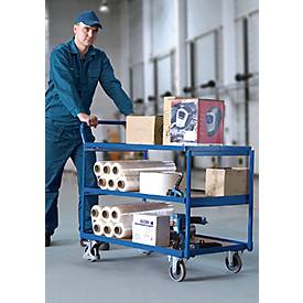Schäfer Shop Select Tischwagen, leicht, Stahl/MDF-Platte, Enzianblau/Buche-Dekor, 3 Etagen, L 985 x B 605 mm, TPE-Rollen mit EasySTOP, bis 250 kg