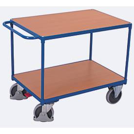 Schäfer Shop Select Tischwagen, schwer, Stahl/MDF-Platte, Enzianblau/Buche-Dekor, 2 Etagen, L 1200 x B 800 mm, TPE-Rollen mit EasySTOP, bis 500 kg