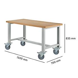 Schäfer Shop Select Werkbank, fahrbar, B 1500 x T 700 x H 835 mm, lichtgrau RAL 7035