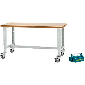 Schäfer Shop Select Werkbank, fahrbar, höhenverstellbar, B 1500 x T 700 x H 676-888 mm, lichtgrau RAL 7035 + gratis Tragekasten Carry