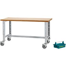 Schäfer Shop Select Werkbank, fahrbar, höhenverstellbar, B 1500 x T 700 x H 676-888 mm, weißaluminium RAL 9006 + gratis Tragekasten Carry