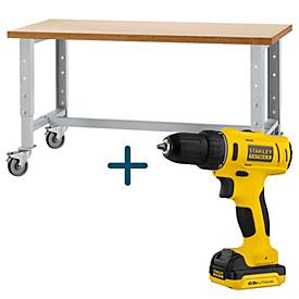 Schäfer Shop Select Werkbank mobil 1500×700, H 676–888 mm, 200 kg, 4 Lenkrollen, gratis STANLEY FATMAX FMC011S2