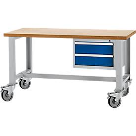 Schäfer Shop Select Werkbank, mobil, Unterbau, 2 Schübe & Zentralverschluss, bis 200 kg, B 1500 x T 700 x H 835 mm, w.alu RAL 9006/enz.blau RAL 5010