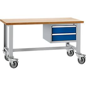 Schäfer Shop Select Werkbank, mobil, Unterbau, 2 Schübe & Zentralverschluss, bis 200 kg, B 1500 x T 700 x H 835 mm, w.alu RAL 9006/enz.blau RAL 5010