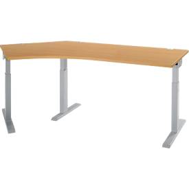 Schäfer Shop Select Winkelschreibtisch ERGO-T 2.0, 135° Winkel, Ansatz links, T-Fuß, B 2165 x T 800 x H 675-895 mm, Buche/weißalu