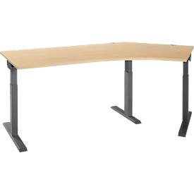 Schäfer Shop Select Winkelschreibtisch ERGO-T 2.0, 135° Winkel, Ansatz rechts, T-Fuß, B 2165 x T 800 x H 675-895 mm, Ahorn/anthrazit 
