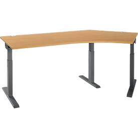 Schäfer Shop Select Winkelschreibtisch ERGO-T 2.0, 135° Winkel, Ansatz rechts, T-Fuß, B 2165 x T 800 x H 675-895 mm, Buche/anthrazit 