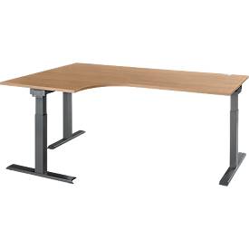 Schäfer Shop Select Winkelschreibtisch ERGO-T 2.0, 90° Winkel, Ansatz links, T-Fuß, B 2000 x T 1200/800 x H 675-895 mm, Ahorn/anthrazit 