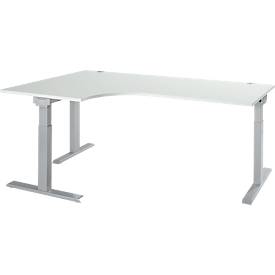 Schäfer Shop Select Winkelschreibtisch ERGO-T 2.0, 90° Winkel, Ansatz links, T-Fuß, B 2000 x T 1200/800 x H 675-895 mm, lichtgrau/weißalu